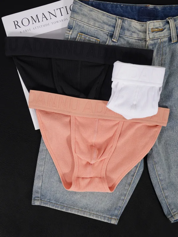 Cueca convexa de algodão com nervuras, confortável para a pele, sensação nua, letra em relevo, cintura larga, roupa íntima de ajuste fino