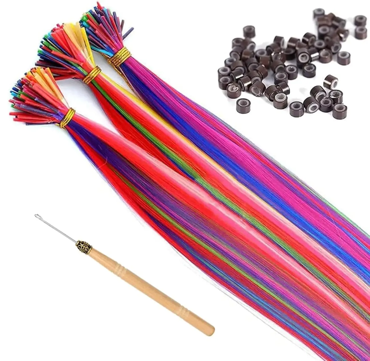 Kit de extensões de cabelo sintético arco-íris de 20 polegadas, 10 peças, extensões i-tip coloridas com micro contas, agulha de gancho para mulheres, crianças, cosplay