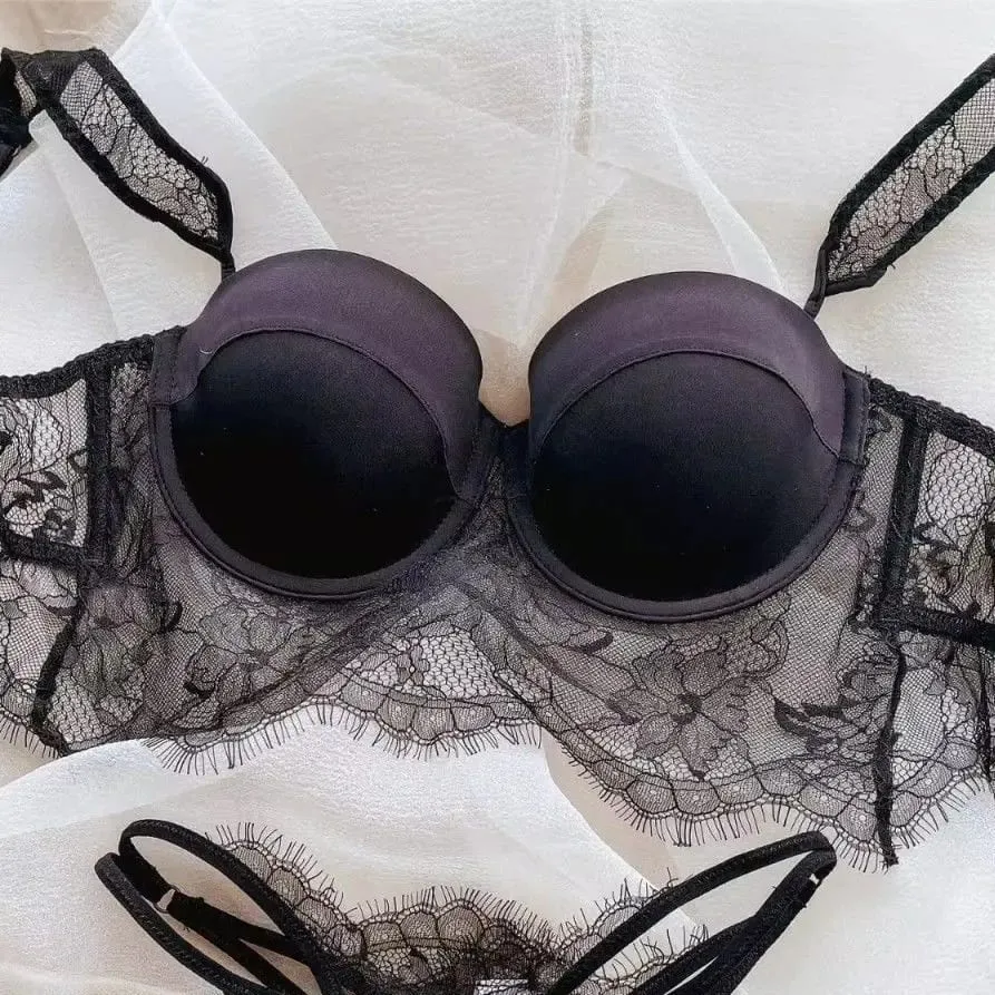 Sexy Lace Underwear Female Poly Poly Thin Soft Steel Ring up Support Anti-Sagging Collect Vice Breasts Solid Color Back Bra Set