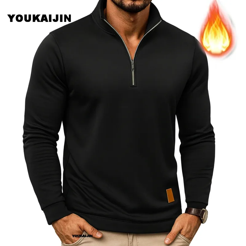Moletom masculino primavera mais grosso pulôver quarto zíper pulôver para masculino com capuz ao ar livre sweatshir outono cor sólida gola alta