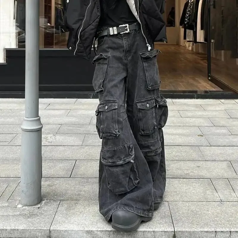 美式男士牛仔褲純色多口袋工裝褲直筒闊腿寬鬆男牛仔褲男裝24K3020