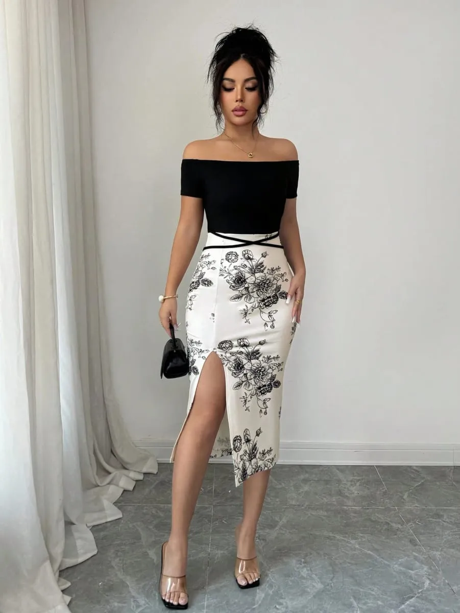 Senhoras primavera verão ombro descoberto preto topo emendado marca de água impressão split sexy elegante vestido corpo-con silhueta