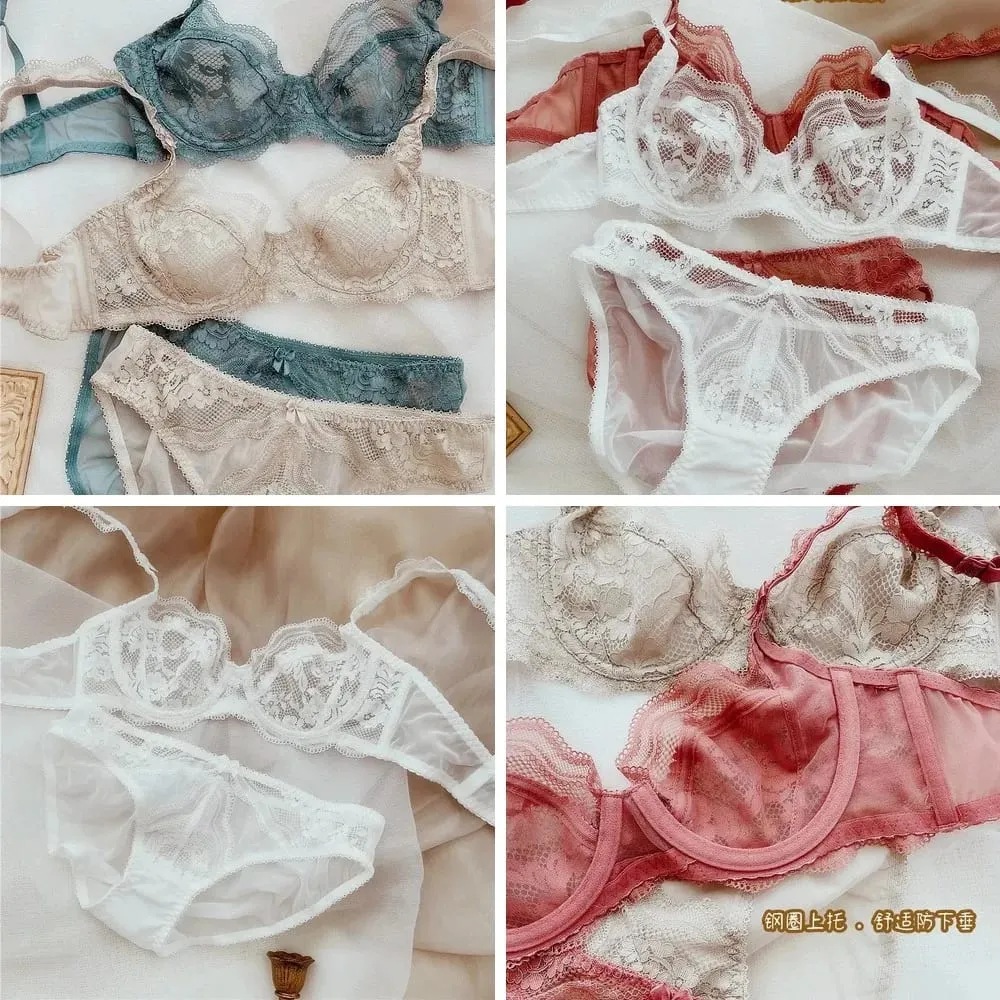 Conjunto de calcinha e sutiã de renda ultrafino push-up com acolchoamento leve Lingerie transparente em tamanhos grandes