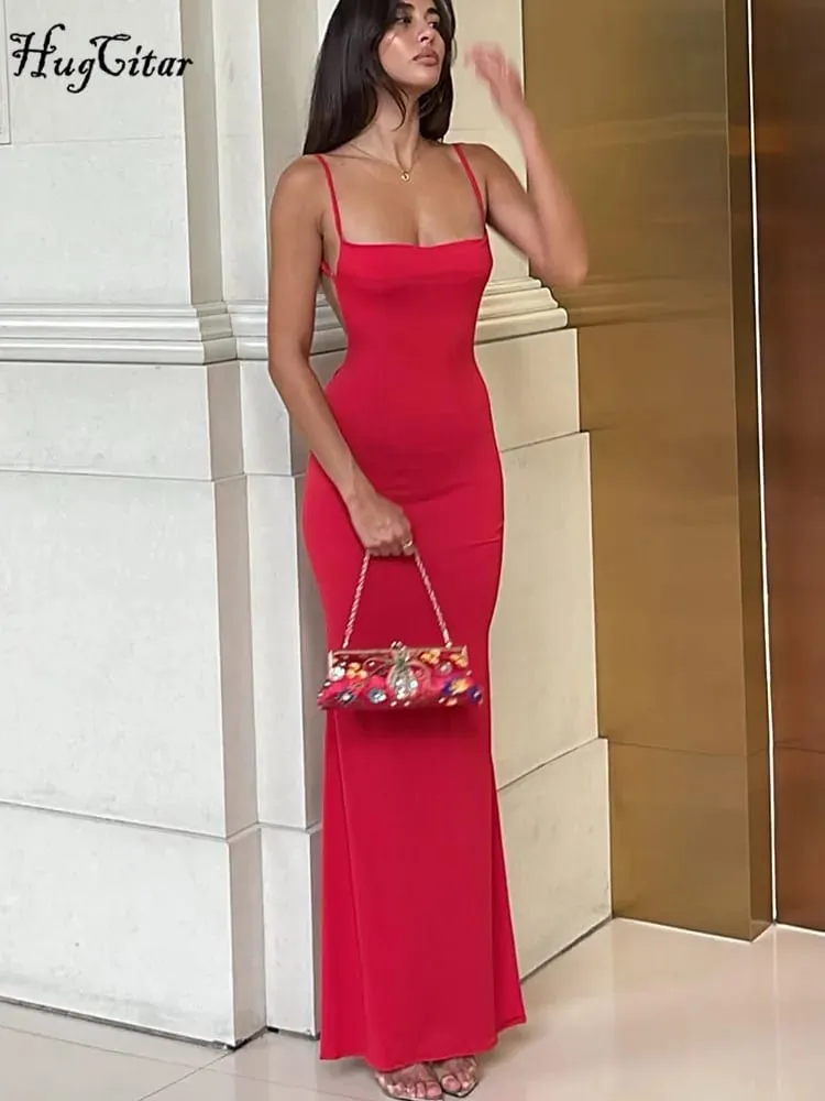 Hugcitar verão sólido sem mangas sem costas elegante sexy bodycon y2k maxi vestido de baile roupas femininas festa de aniversário casual y2k