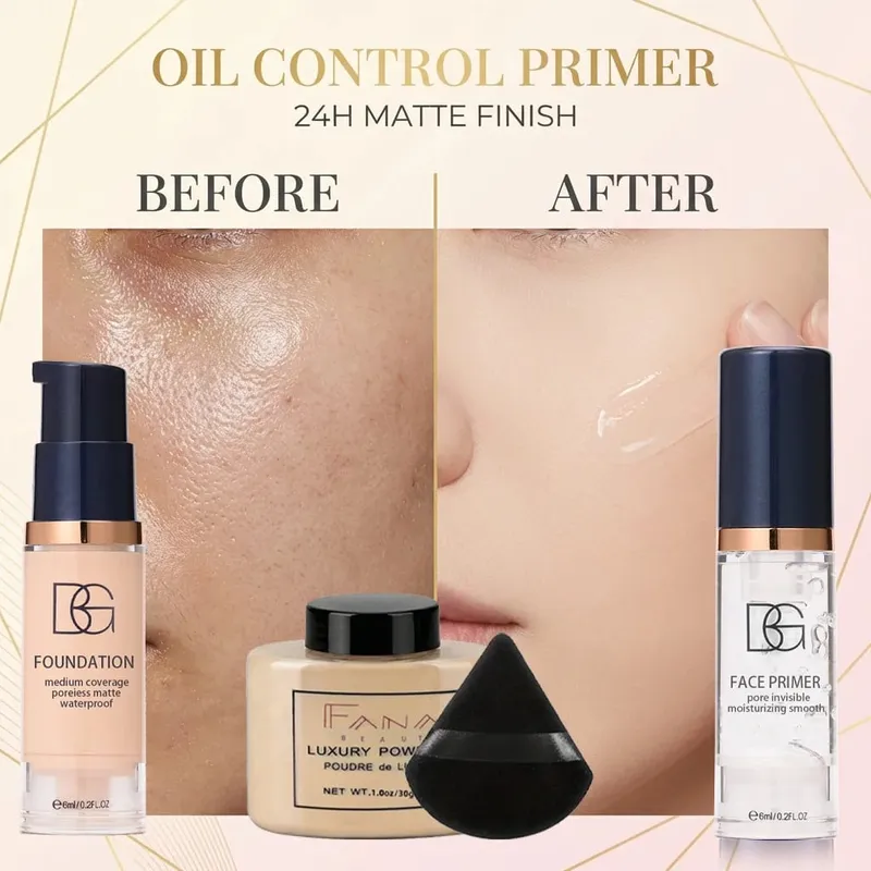 4-Pcs Set Face Makeup Bundle - Smoothing Primer Matte Foundation Setting Powder with Puff - Long-Lasting Waterproof Value Pack