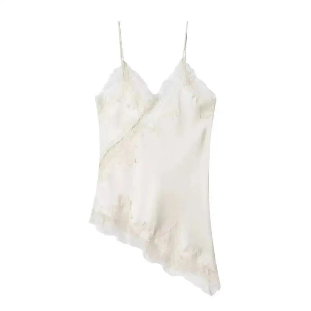Elegante assimétrico rendas retalhos topo sem mangas sem costas camisola topos com decote em v sexy rendas feminino regata verão wear
