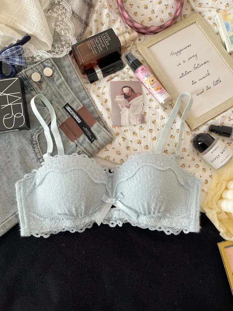 Novo conjunto de lingerie de renda sem fio sutiã acolchoado meia xícara pequeno busto impulso sexy anti-sag roupa interior feminina toda a temporada S-XLAB copo