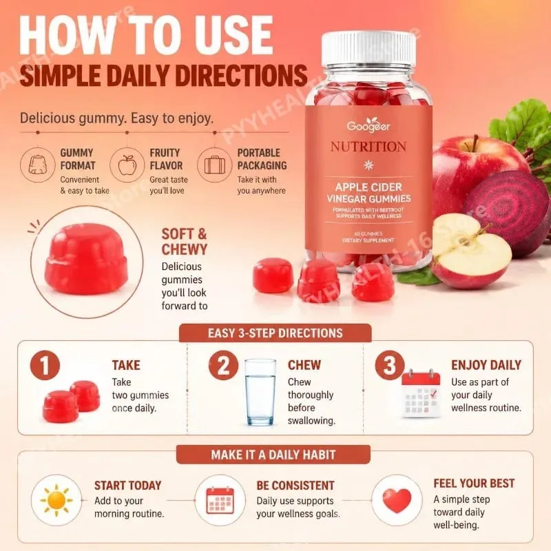 Googeer Apple Cider Vinegar Gummies Fruity with Beetroot Extract and Vitamin B12 Supports Daily Health Management 60 Gummies