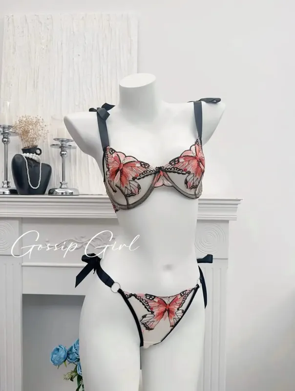 Reggente Pizzo Francese Farfalla Rete Trasparente Spalline Elastiche Senza Spugna Set Intimo S-XL Nuovo Morbido