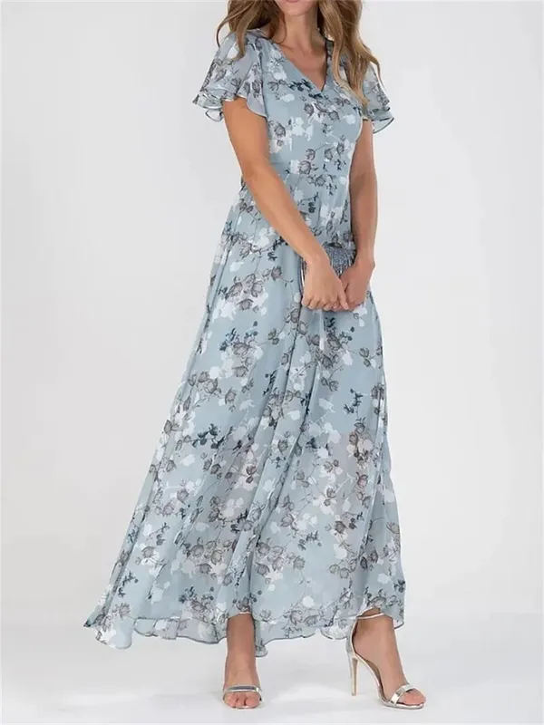 Women Elegant Ruffle Short Sleeve V Neck Pullover Dresses Sweet Style Small Flower Print High Waist Dress Female New Casual Gown