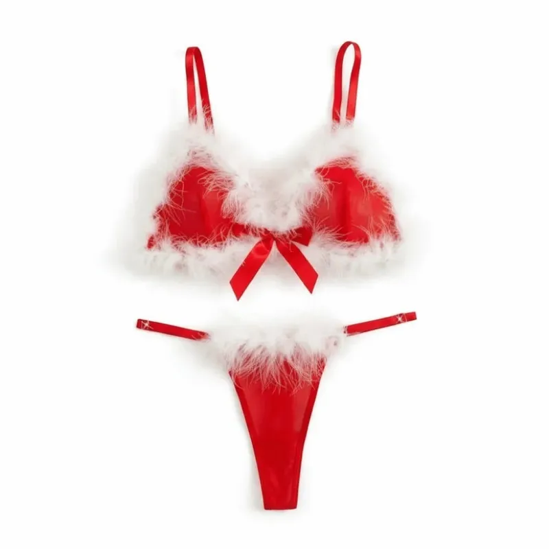 Furry Women's Underwear Wireless Bow Decor Lingerie Set Mesh Transparent Romantic Intimate Bra Panties Suit Valentine's Day
