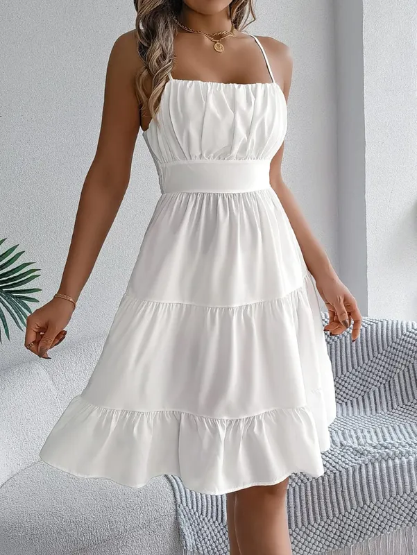 Casual Vacation Ruffled Camisole Dress Spring Summer Women's Solid Dresses for 2026 Valentine's Day Woman Clothing Pink Blue