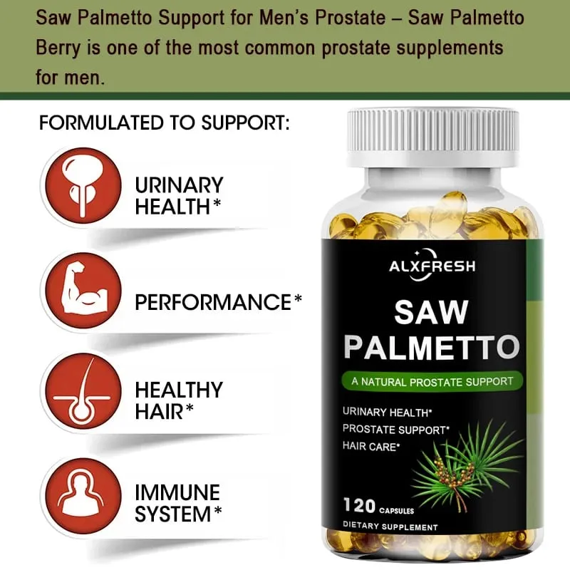 Alxfresh Saw Palmetto apoia a função antioxidante da próstata e a saúde do trato urinário para apoiar o crescimento do cabelo na saúde dos homens