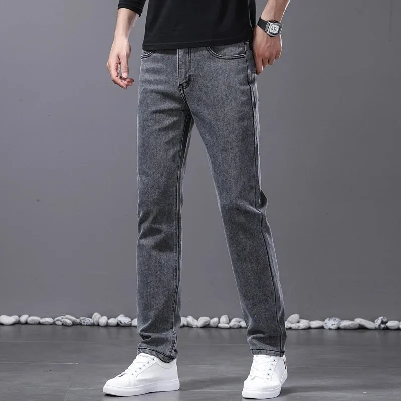 Spring New Men's Straight Jeans Comfortable Elastic Casual Business Work Trousers Retro Blue Fashion Fit Washed Denim Pants