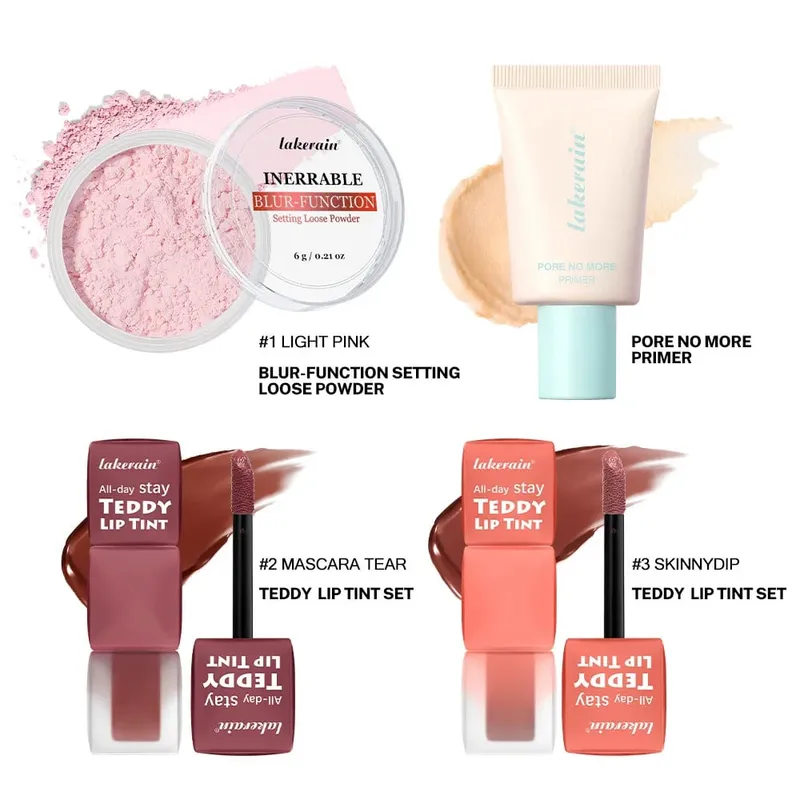 4pcs/set Pore No More Primer + Lip Tint + Loose Setting Powder Makeup Set Matte Long-Lasting Waterproof Effect Travel Portable