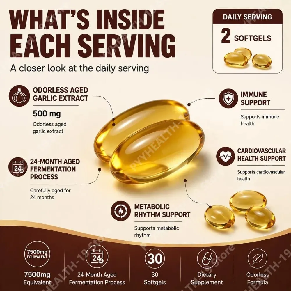 Extrato de alho envelhecido inodoro Softgels 7500mg equivalente 24 meses fermentado para suporte cardio metabólico imunológico adulto 30 contagens