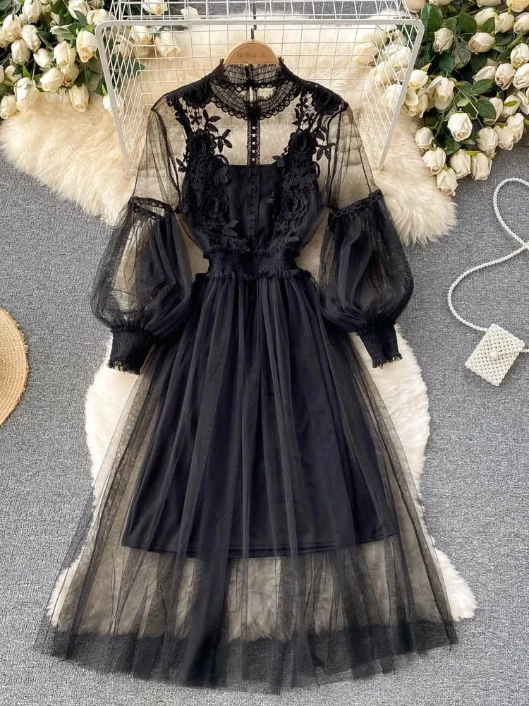 Senhoras vestido tridimensional flor gancho malha temperamento gola lanterna manga cintura alta magro vestidos femininos