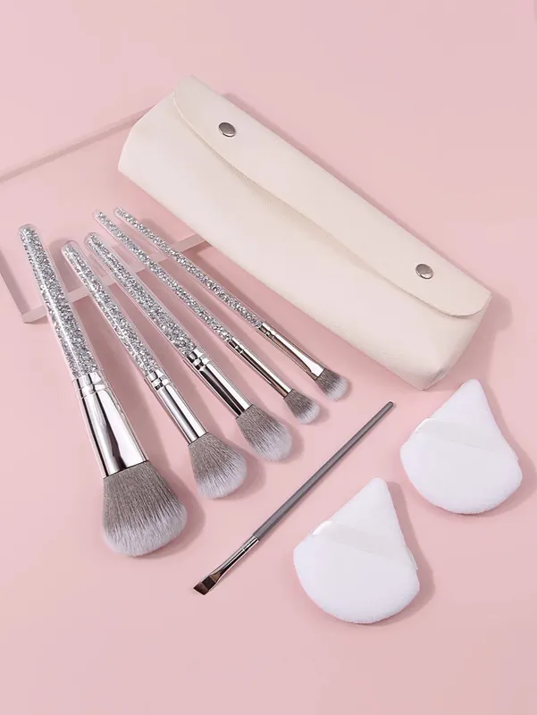9 pçs glitter lidar com pincéis de maquiagem conjunto com triângulo pó puff saco de armazenamento portátil fundação blush sombra ferramentas de mistura