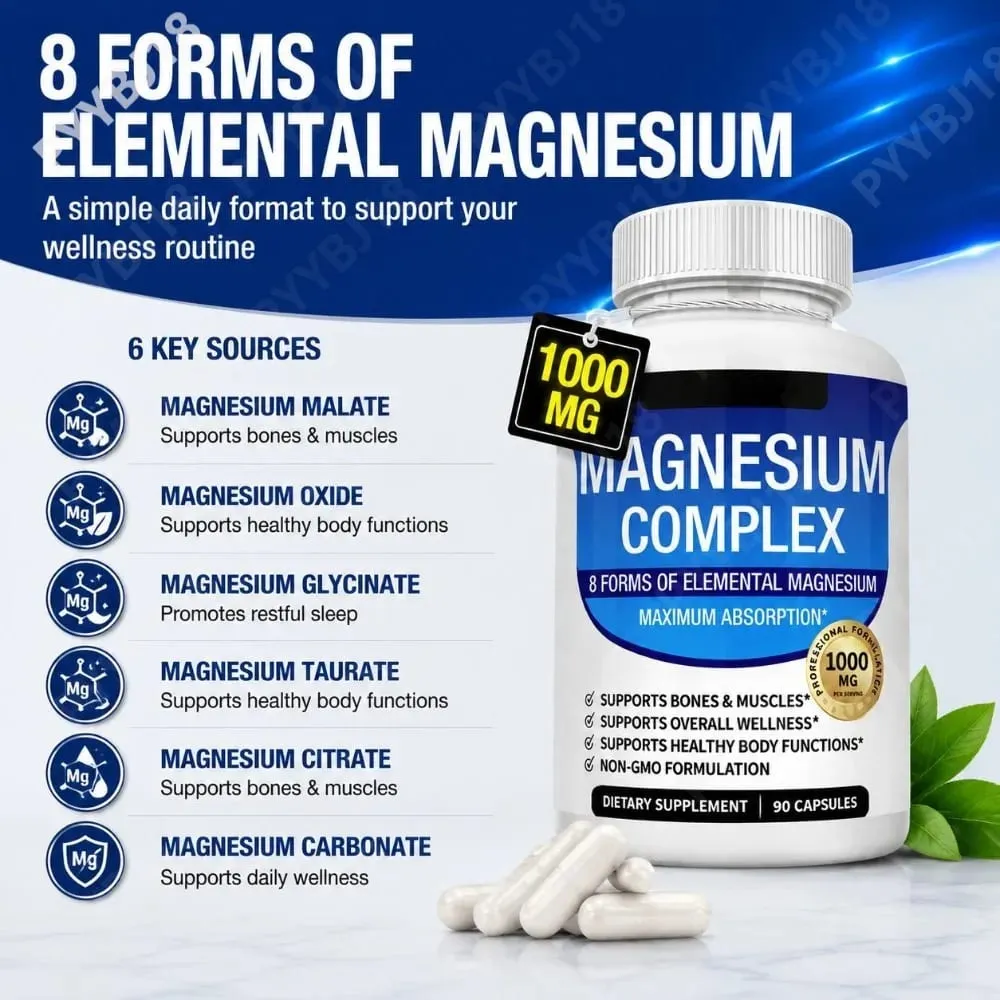 Cápsulas de complexo de magnésio com 8 formas de suplemento mineral de magnésio para suporte ósseo e muscular e sono reparador 90 cápsulas