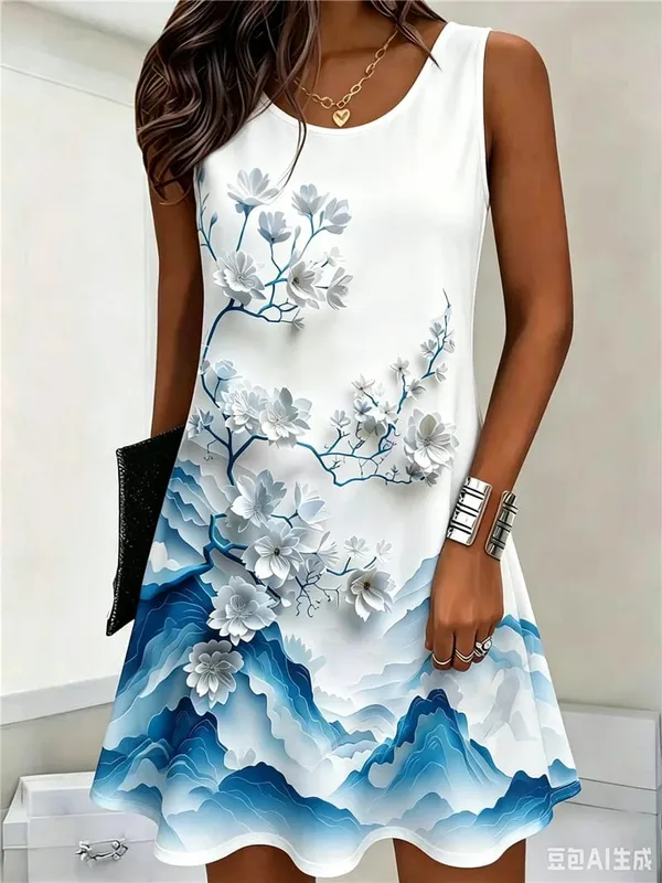 Padrão de flor feminino mini vestidos verão sem mangas 3d floral impresso estilo rua senhoras vestido 3xl plus size solto vestido casual
