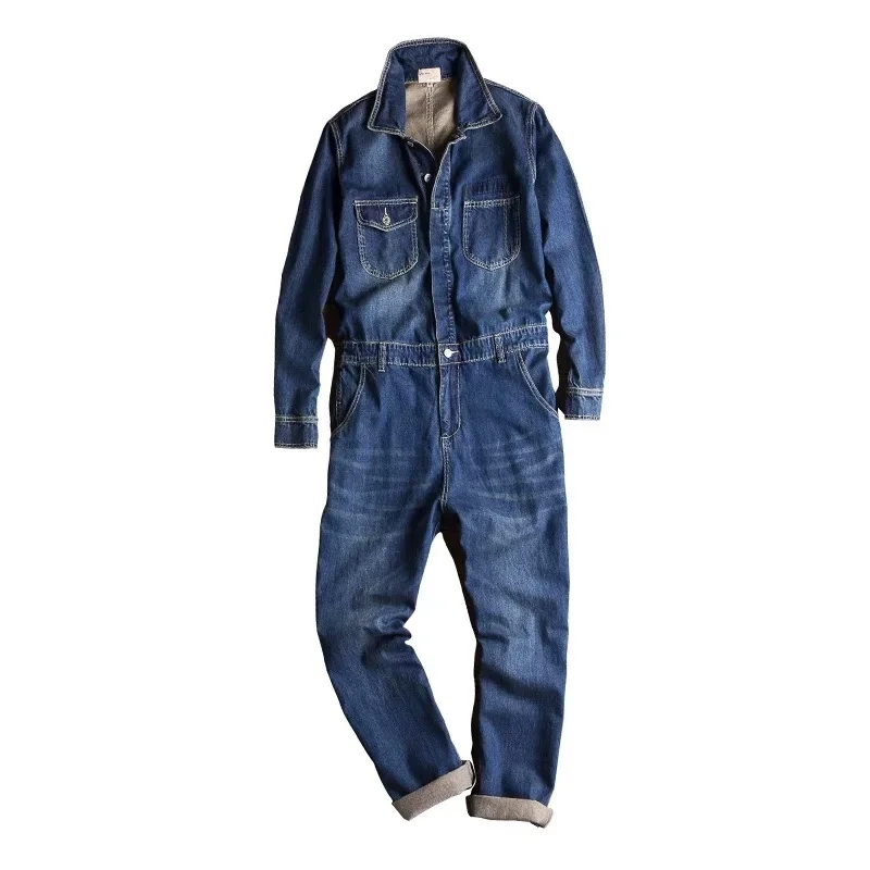 Denim Jumpsuits Loose Pockets Long Sleeve Overalls Lapel Collar Pockets Cargo Jeans for Men