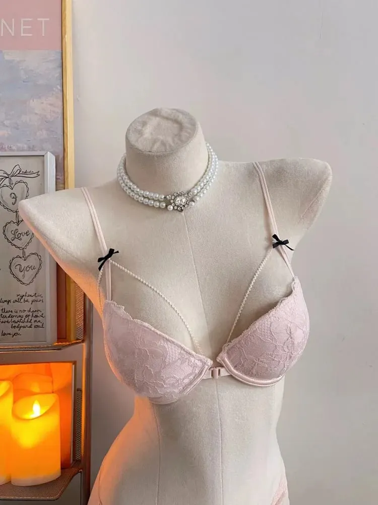 Minimal Coquette Lace Front Clasp Bra & Set Wirefree Thin Straps Beauty Back Side Wrap Support Small Bust Curvy Light Intimates