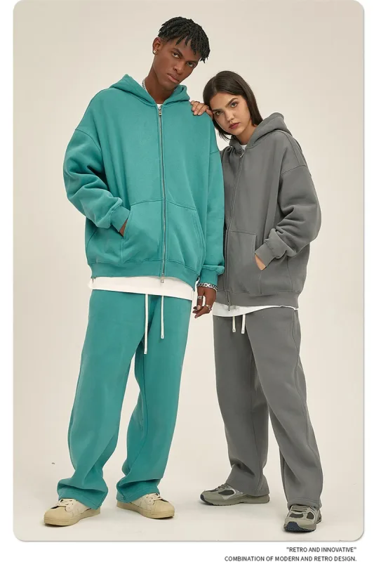 New Men Double Headed Zipper Fleece Hoodies Unisex Loose Basic Solid Warm Hooded Sweatshirts Coats For Winter HY0633