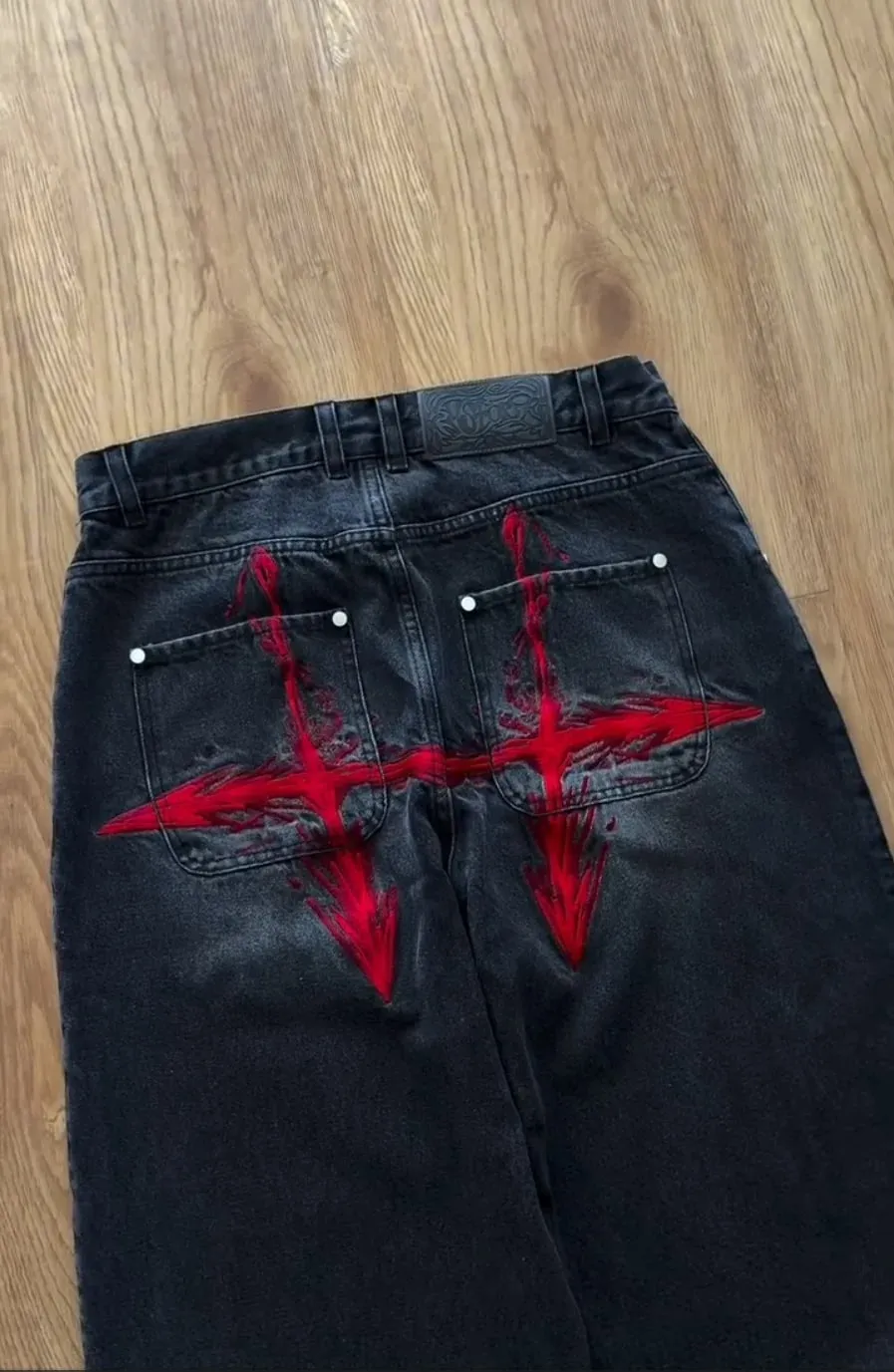 Y2K Vintage Loose Denim Pants Black Japan Cartoon Pattern Embroidered Jeans Women Wide Leg High Waist Streetwear Men Jeans — image 8