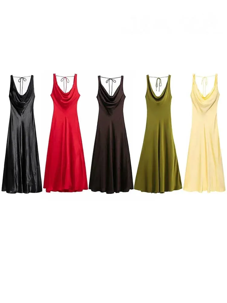HH Women's Solid Vacation Style Satin Texture Backless V-neck Midi Dress Summer Female Elegant Sexy Lace-up Strap Dress