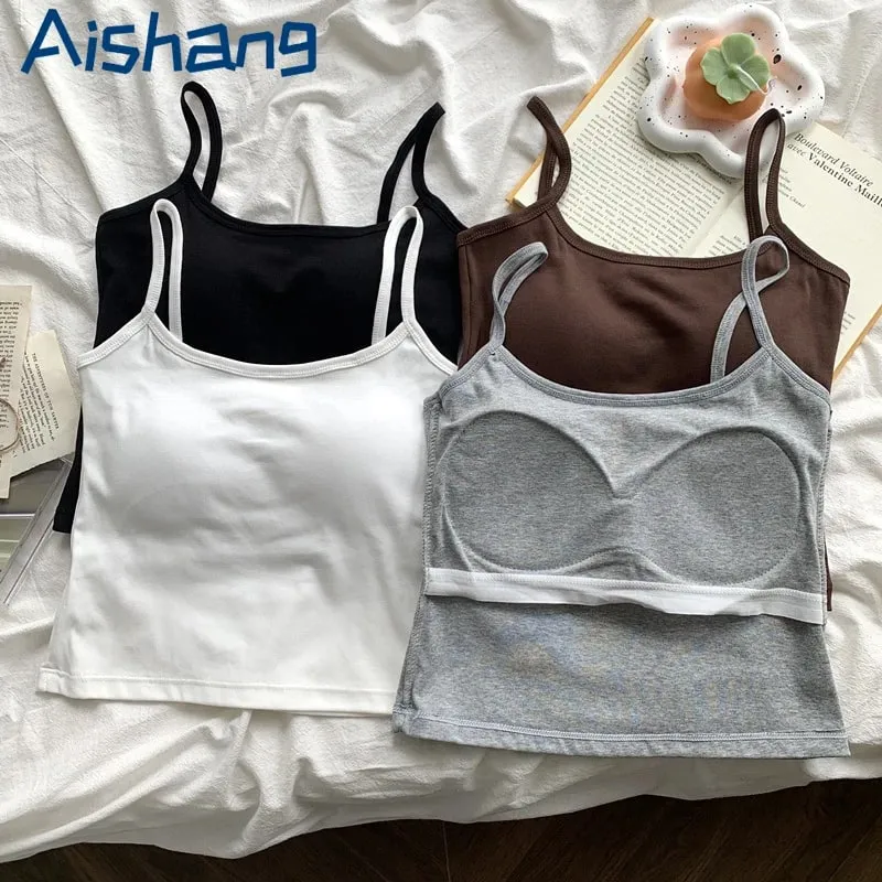 Camisola fina sem mangas com alças de cor sólida feminina com almofada no peito confortável, top diário para viagem dentro do colete de algodão esportivo