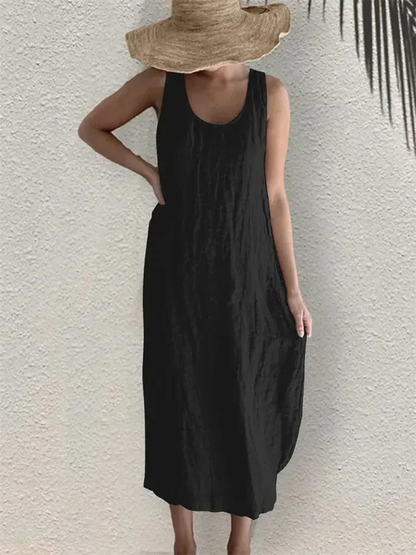 Women Comfortable Casual Cotton Linen Dresses 2026 Summer Solid Color Side Pockets Dress Female O Neck Pullover Sleeveless Gown