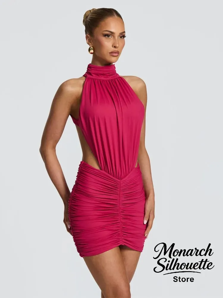 Chic Sleeveless Pleated Slim Mini Dress Women Sexy Solid Backless Hollow Out Round Collar Dresses Lady Evening Party Vestidos