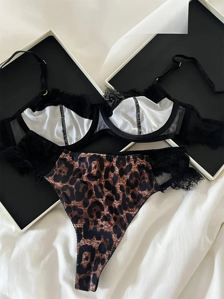 Conjunto de roupa íntima francesa leopardo sexy anel de aço renda triângulo copo sutiã breve ternos moda vintage push up lingerie ins bodycon