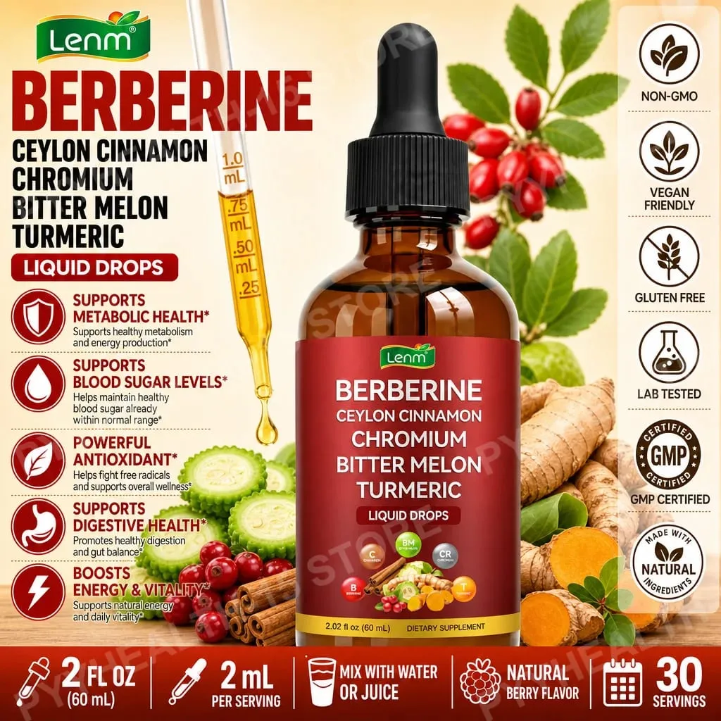 Lenm Berberine Liquid Drops com Ceilão Canela Cromo Melão Amargo Cúrcuma para Suporte ao Bem-Estar Metabólico 60ml 30 Porções — image 1