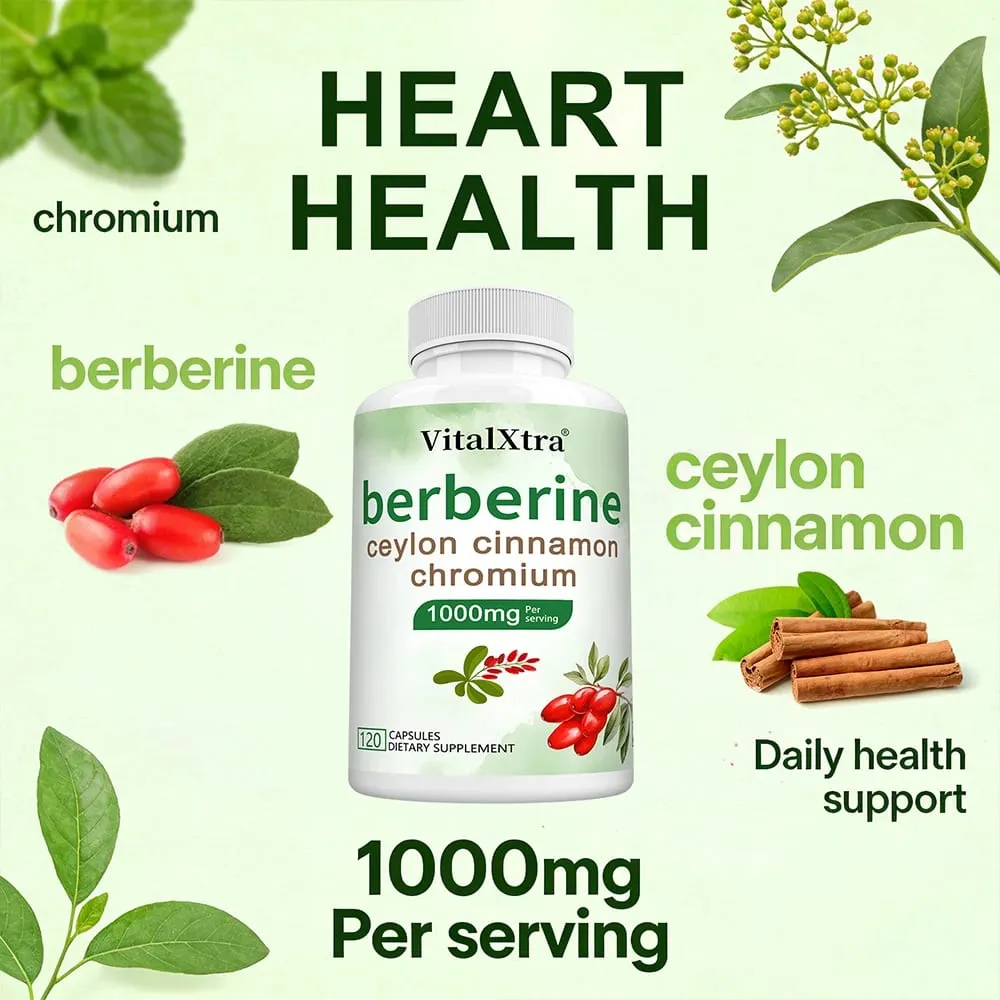 Cápsulas de berberina com canela do Ceilão e cúrcuma apoiam a saúde do coração, açúcar no sangue, função hepática, saúde imunológica e digestiva