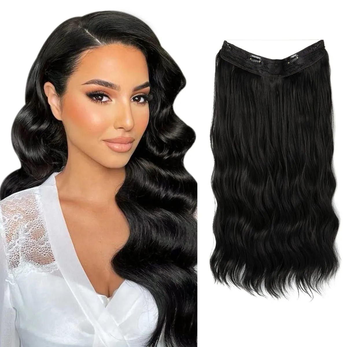 Fio invisível ondulado sintético com clipes, extensão de cabelo, linha de peixe, loiro natural, clipe em peça de cabelo falso