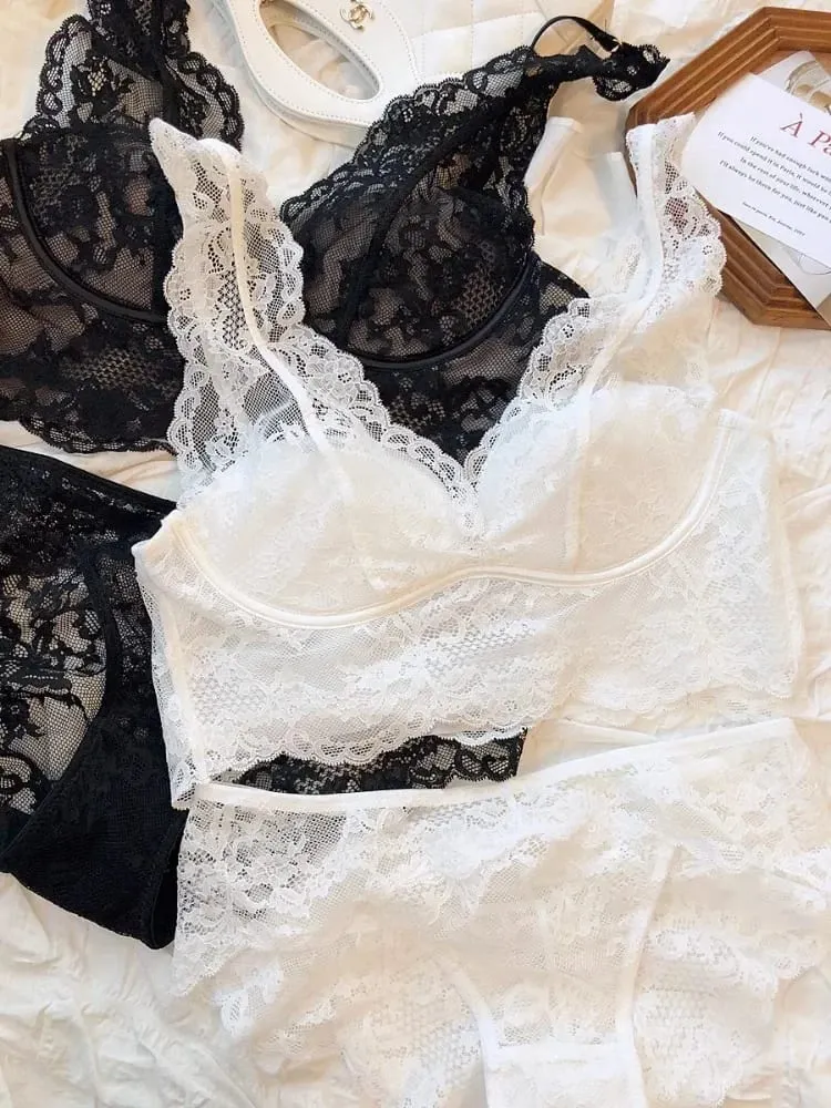 Conjunto de bralette de renda – Sutiã anti flacidez sem fio, lingerie respirável ajustável, sem arame, confortável, fino, sexy, uso diário