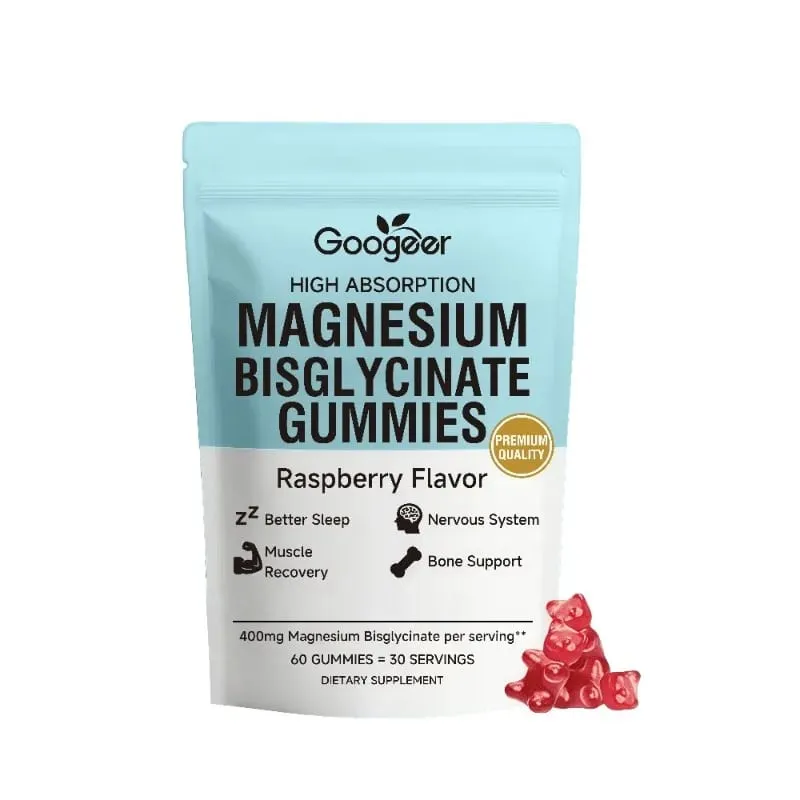 Gomas de bisglicinato de magnésio 400mg Sabor de framboesa apoia a saúde óssea e a função muscular Suplemento dietético para adultos Contagem de 60