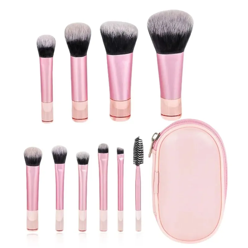 Conjunto de mini pincéis de maquiagem portátil de 10 peças, pincéis de cerdas macias multifuncionais essenciais para viagem com bolsa de armazenamento incluída