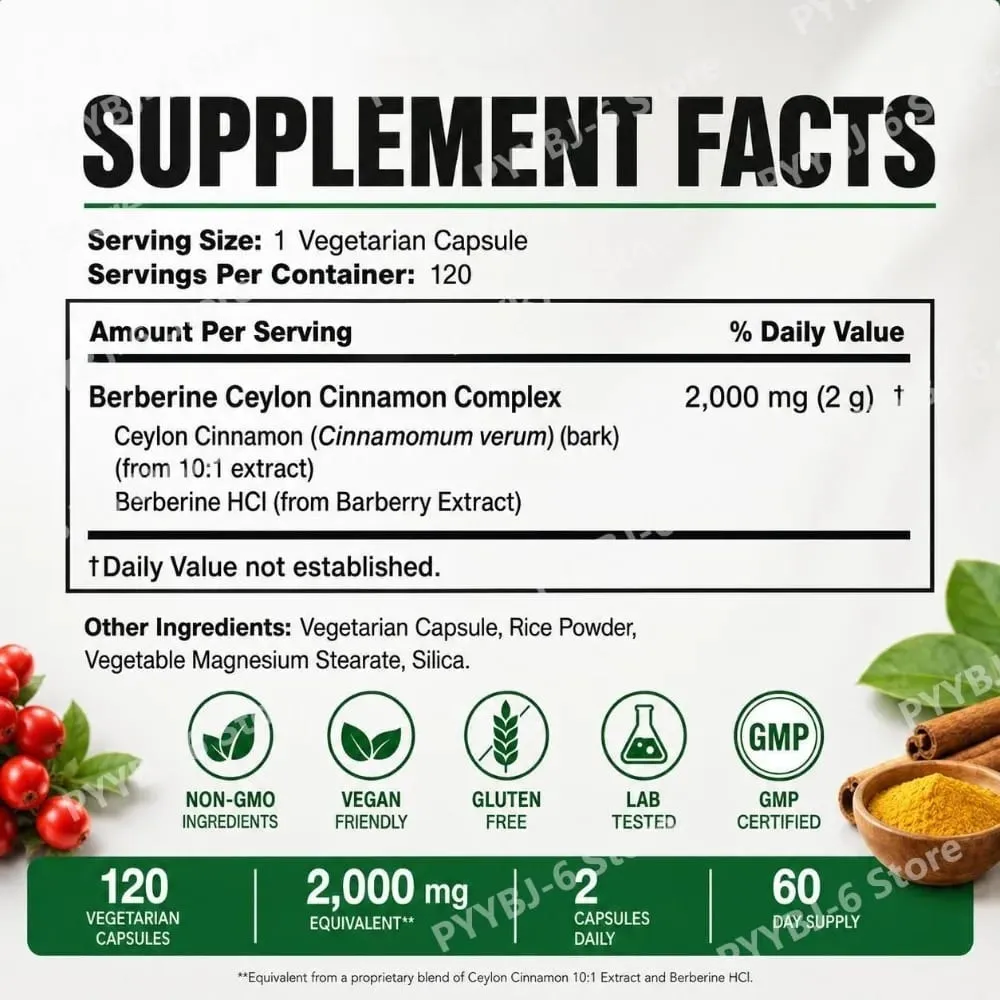 Berberine Ceylon Cinnamon Complex 2000mg Cápsulas vegetarianas Não-OGM Suplemento diário de bem-estar sem glúten para adultos 120 contagens