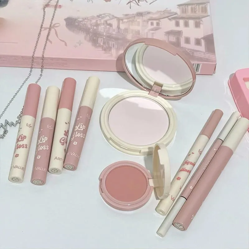 Conjunto de maquiagem ART VALUE inclui 4 esmalte labial, 1 pó prensado, 1 blush, 1 delineador, 1 lápis de sobrancelha, 1 rímel com cosméticos para pescoço