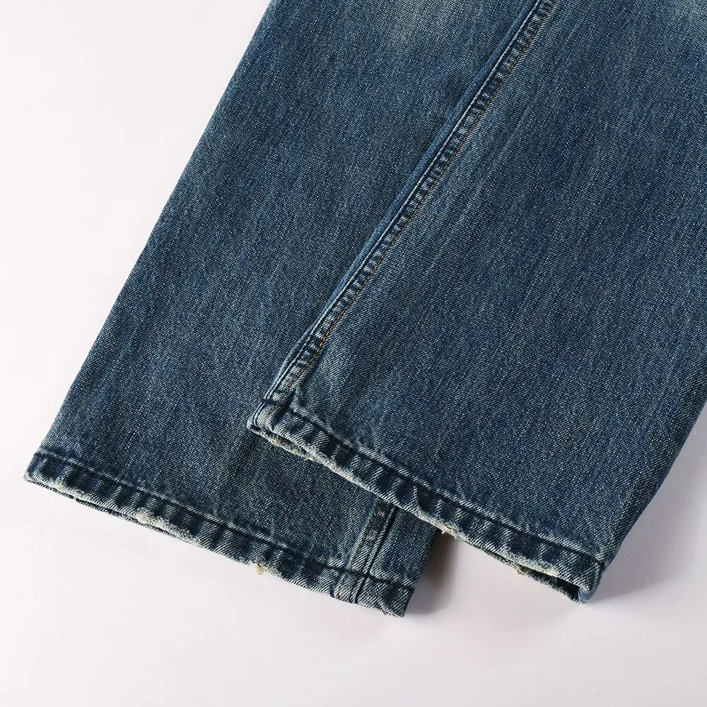 Calça jeans masculina com corte de bota slim, calça azul stretch, calça comprida com estampa de alta qualidade
