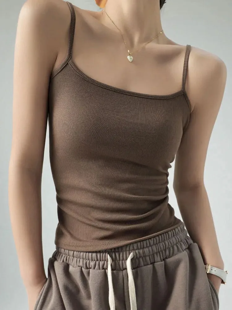 Regata feminina básica sem mangas de verão com alça espaguete slim fit elástica de malha de cor sólida