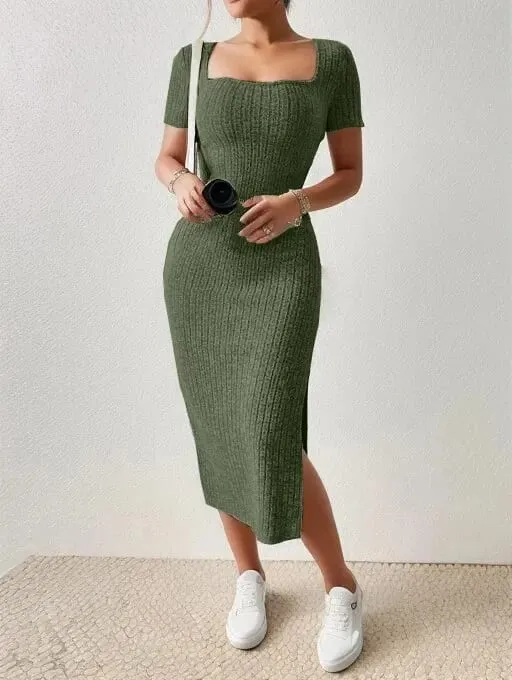 Verão pescoço quadrado hip-abraçando saia de comprimento médio de manga curta versátil vestido de malha com fenda