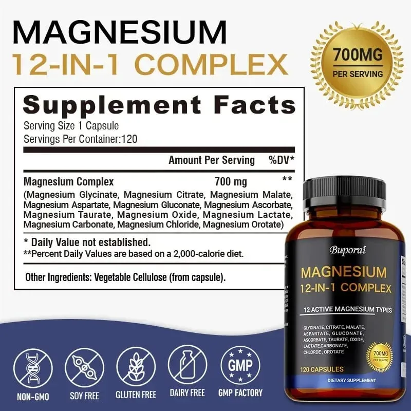 Magnesium Complex Capsules - Bone Muscle & Heart Health Supplement Sleep Support Muscle Relaxation Stress & Anxiety Relief
