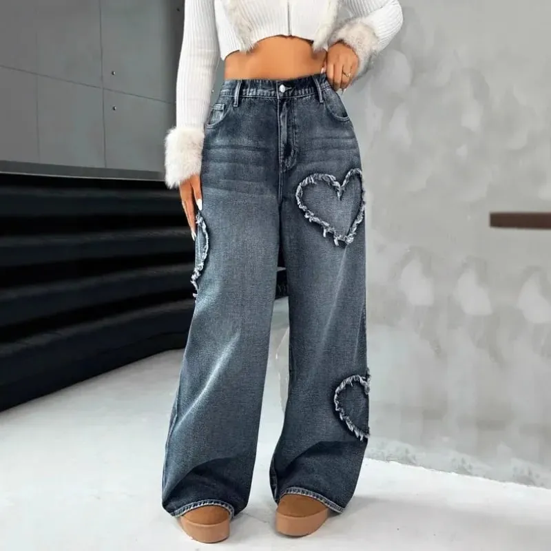 American Retro Frayed Edge Patchwork Heavy Washed Denim Jeans Unisex Street Loose Straight Wide-Leg Trousers 21095