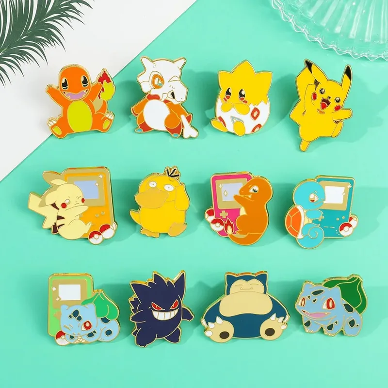 Cute Pikachu Brooch Anime Figures Gengar Psyduck Squirtle Togepi Bulbasaur Enamel Lapel Pin Badges on Backpack