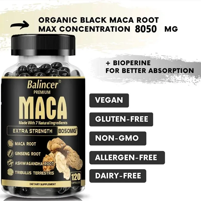 20X Extratos Concentrados Naturais Preto + Vermelho + Amarelo Raiz de Maca Ginseng Coreano Ashwagandha Cápsulas de Raiz de Maca 8050 mg