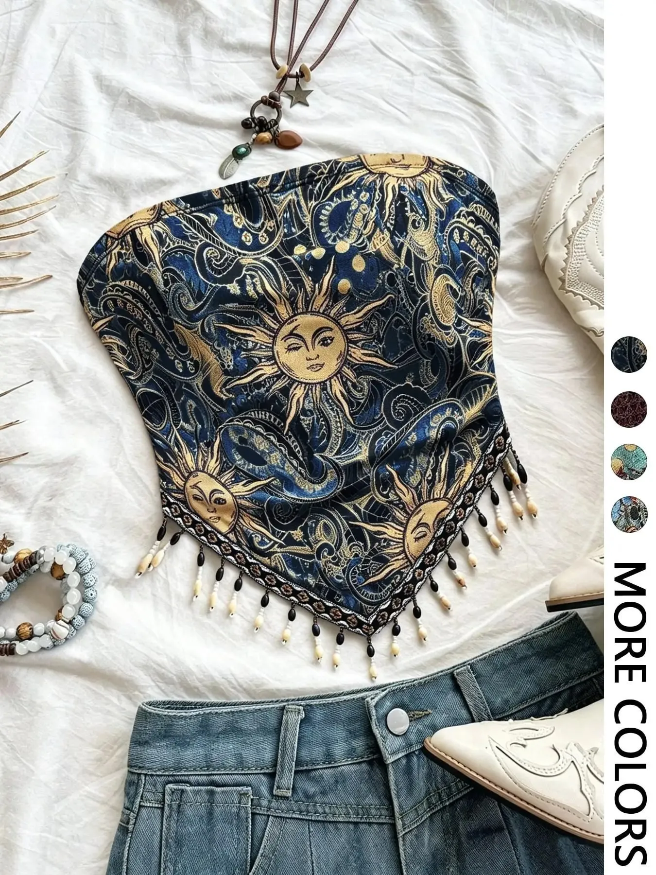 Ladies' 1pc Printed Mesh Knitted Tube Top with Triangular Hem And Beaded Fringe Trimmings