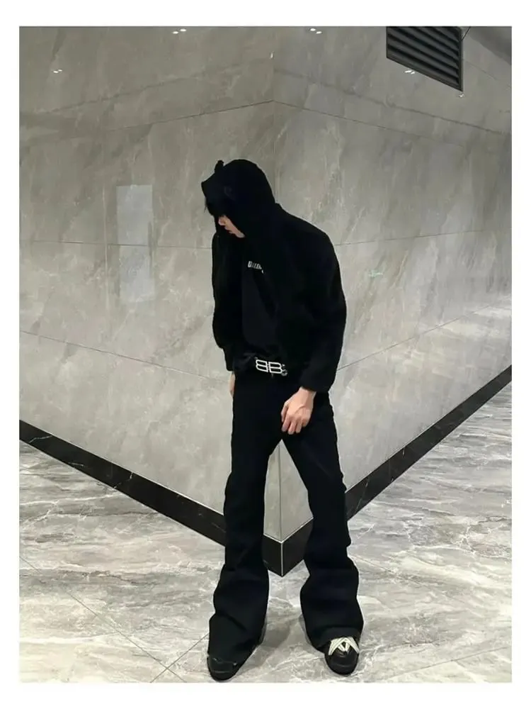 High Street RO 風格牛仔長褲男款 24SS 基本款彈性黑色絲帶寬鬆喇叭街頭休閒牛仔褲男裝